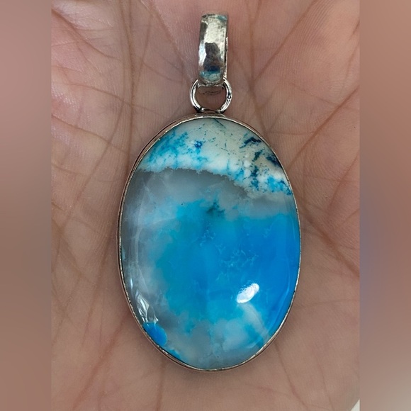 Hand Crafted Jewelry - Blue Dyed Agate and 925 Sterling Silver Necklace Pendant